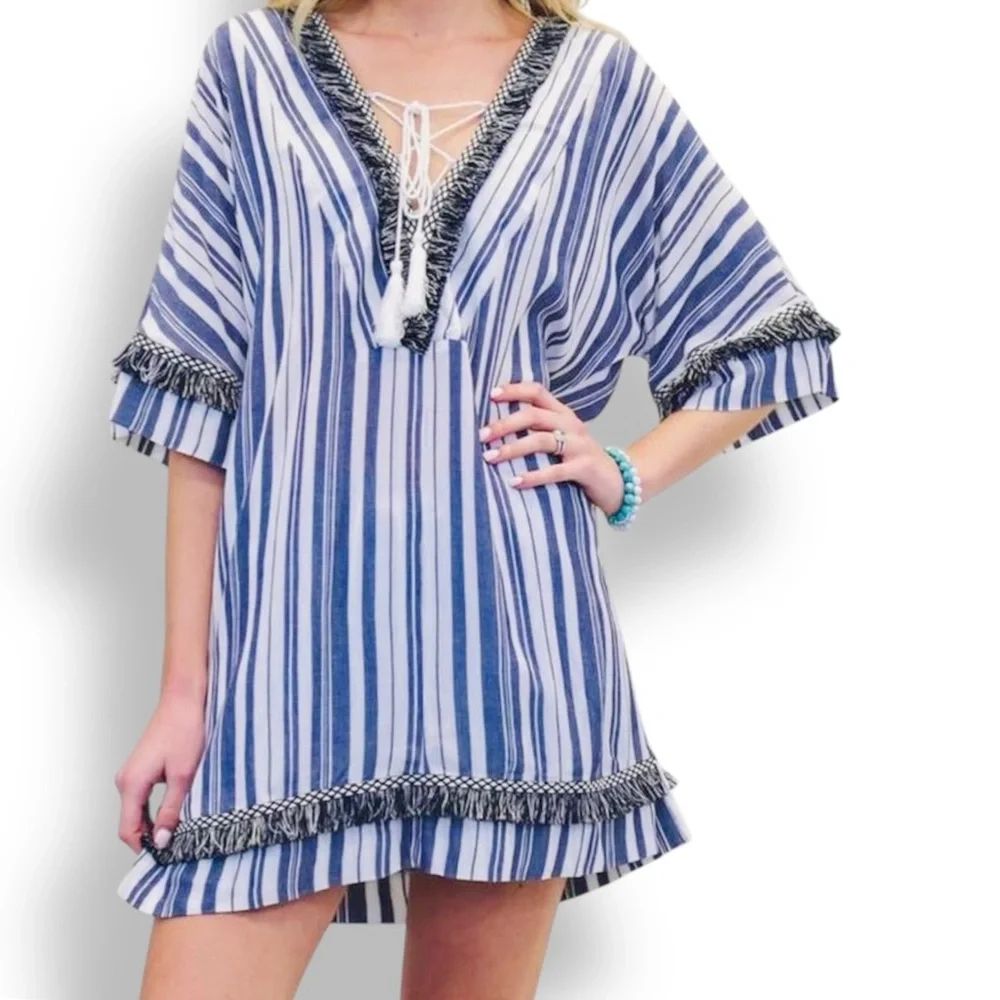 VELZERA Boho Blue & White Striped Mini Dress w Fringe Trim or Swim Coverup